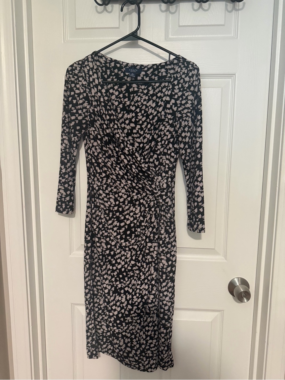 Chaps Black Midi Dress with Cream Abstract Print